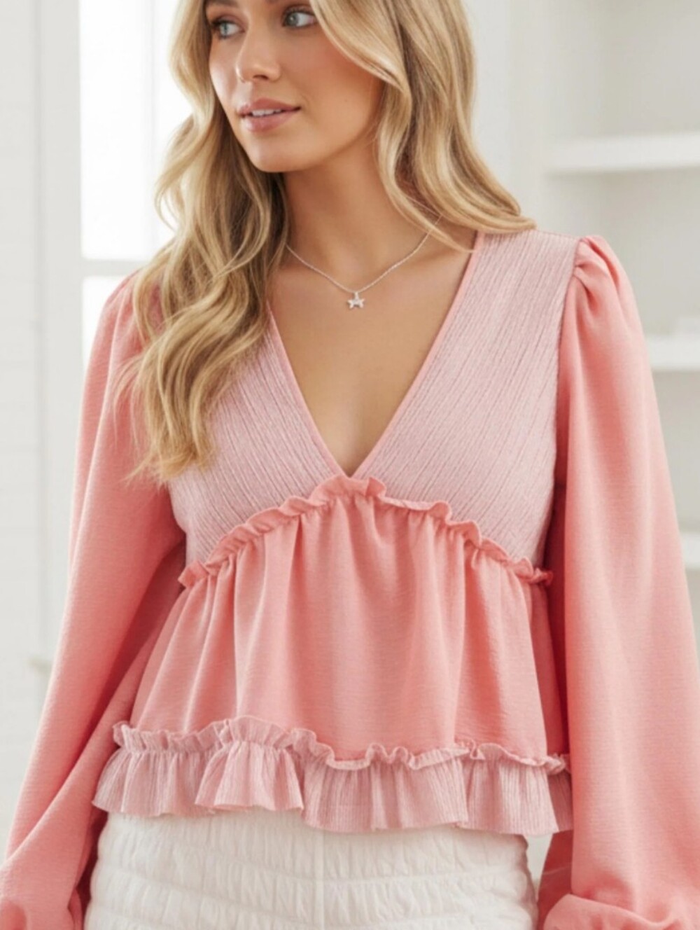 Women's Pink V-Neck Ruffle Blouse - Picture 2 of 10